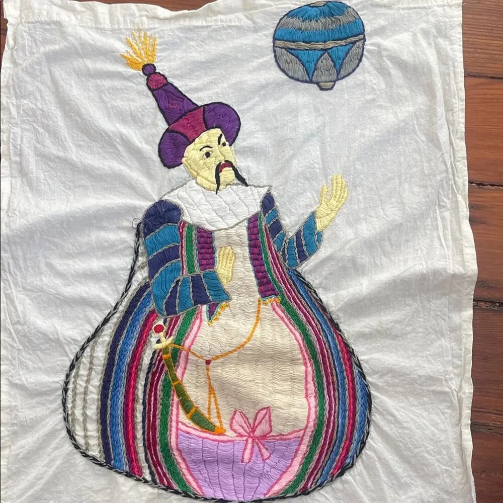 Vintage Handmade Embroidered Jester Textile Art Tapestry